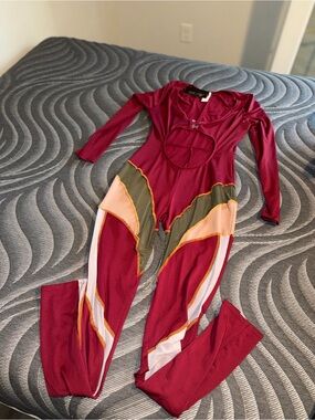 Women's Burgundy Red Dance/Performance Jumpsuit with Multicolor Panels